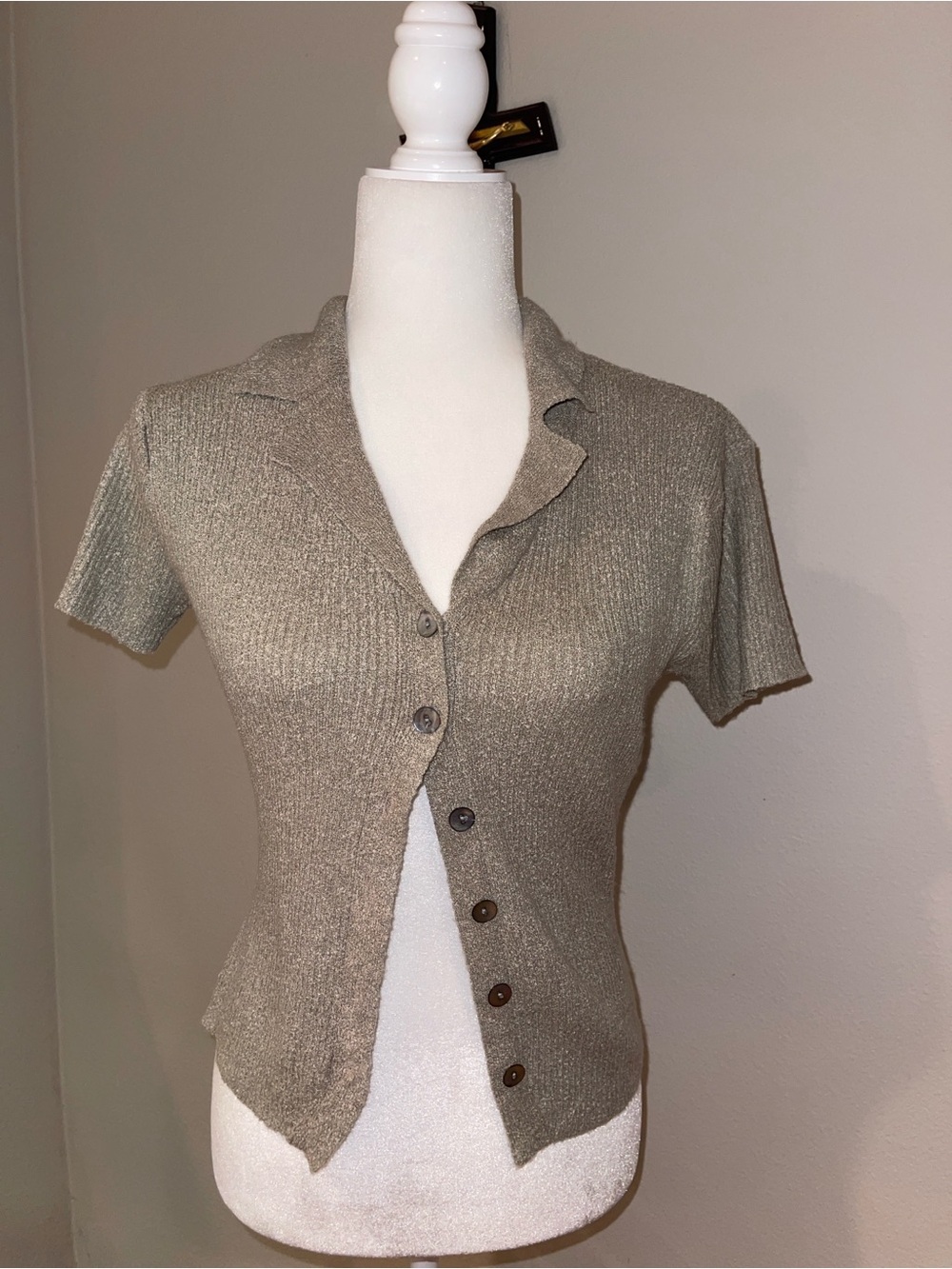 Metallic Taupe Short-Sleeve Button-Down Knit Top